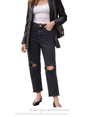 A&F 90s Straight Crop Jeans Curve Love High Rise Distressed Black W26